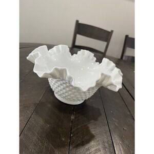 Vintage Fenton White Milk Glass Hobnail Crimped Ruffled Edge Bowl 9"